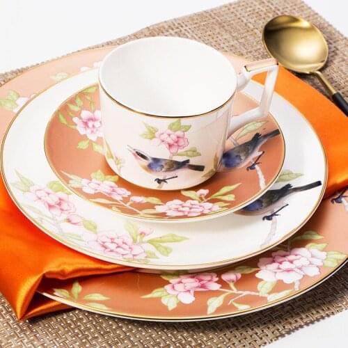 Ceramic Flower Tableware Bone China Bird Dinnerware Gold Rimmed Coffee Cup/Saucer Set Dish Western Steak Plate Christmas Gift