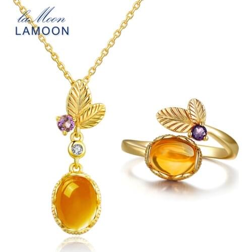 LAMOON classic flower 100% Natural Citrine 925 Sterling Silver Jewelry S925 Jewelry Set V022-3