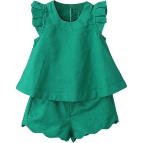 Simple ruffle 2pcs set age for 3-10 yrs little girl summer clothes sleeveless t-shirt+short-pants baby girl green school outfits