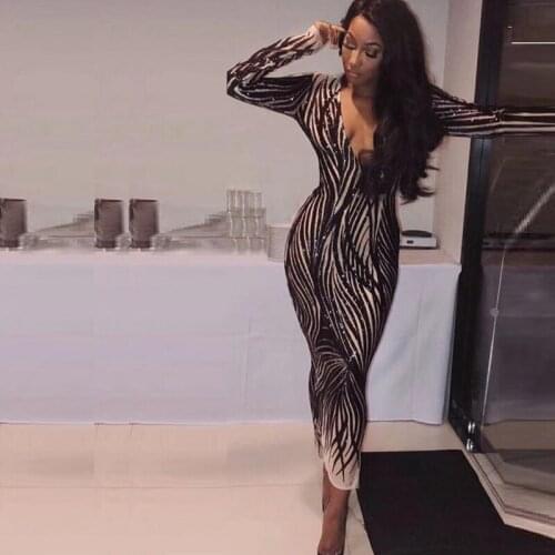 Fashion Khaki Black Long Sequin Celebrity Cocktail Party Dress High Quality Women Long Sleeve Bodycon Dress Vestidos Wholesale