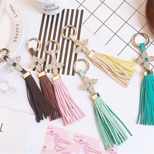 Furling 1pc Fashion Keychain Creative Gold Plating Leaf Clover Flower PU Leather Tassel Metal Key Ring Hanging Bag Chain Gift