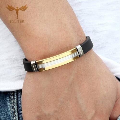 Mens Bracelet 2021 Geometric Rubber Bracelet Golden Stainless Steel Accessories Fashion Wristband Casual Jewellry