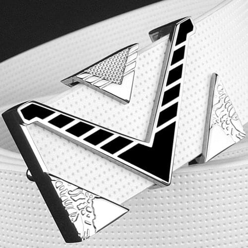 High Quality V letter buckle golden buckle belt men fashion Personality buckle luxury strap genuine leather white ceinture homme
