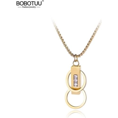 BOBOTUU Titanium Steel Double Circles Cubic Zirconia Chokers Necklace Jewelry Lovely Engagement Necklace For Women BN17043