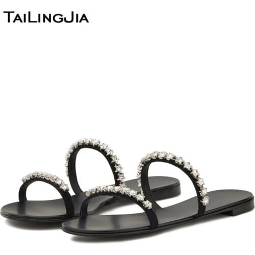 Flat Diamond Sandals for Women 2020 Womens Slides Studded Black Sandal Star Crystals Ladies Summer Luxury Shoes Brown Slippers