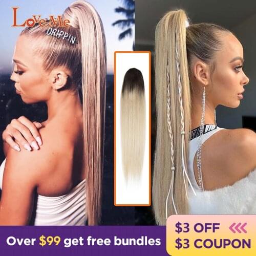 LOVE ME Straight Ponytail Hair Synthetic Clip in Ponytail Hair Ombre Golden 36inch Resistant Soft Super Long Ponytail Hair