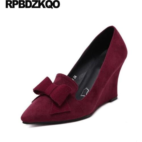 Size 4 34 Suede Chic Wedge Bow Dress 3 Inch Gray Women Office Shoes Ladies Pointed Toe 2017 Wine Red Pumps Autumn New Chinese