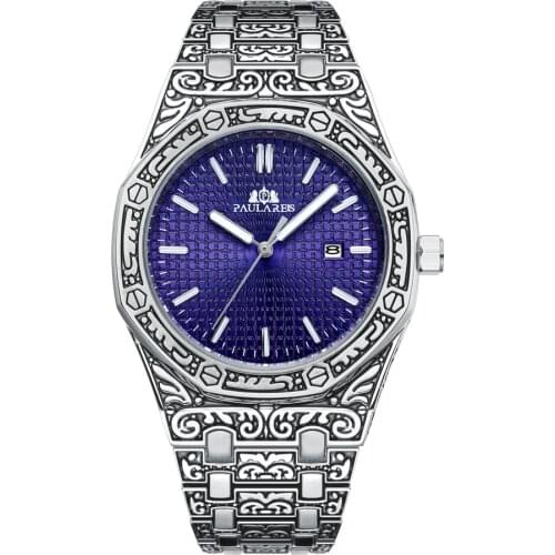 Luxury Carved Antique Vintage Luminous Rose Gold Yellow Gold Silver 2 Tones Fashion Blue Classic Quartz Men watch