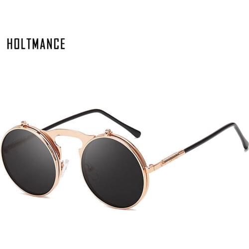Steampunk Circle Vintage Round Flip up Sunglasses Men Women Retro Designer Punk Shades Fashion Eyewear UV Protection