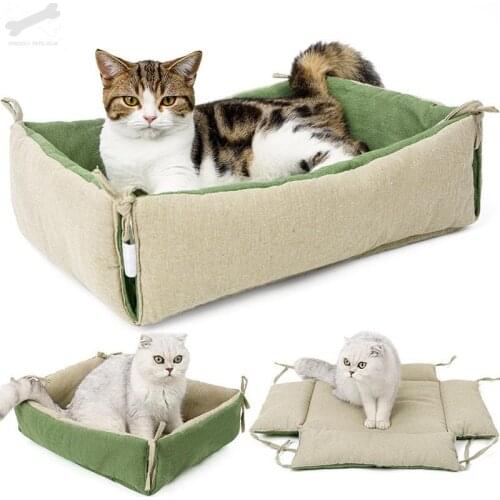 Pet Cat Deep Sleep Bed Cotton And Linen Dual-purpose Mattress Strap Wind Cute Cat Litter Washable Mat Cat Bed Collapsible