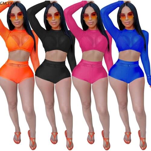 CM.YAYA Sport Solid Mesh Gauze See Though Women two piece set Tracksuits crop tops shorts jogger pants Suit Outfits Matching Set