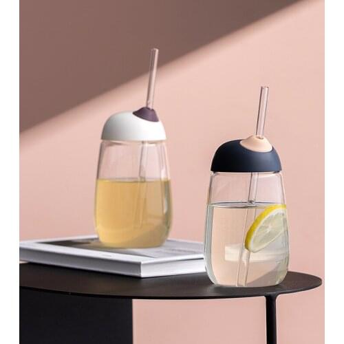 Glass Tumbler with Straw Glass Water Bottle Tumbler Cup for Juices Water Beverages Wide Mouth Drinking Bottle with Caps