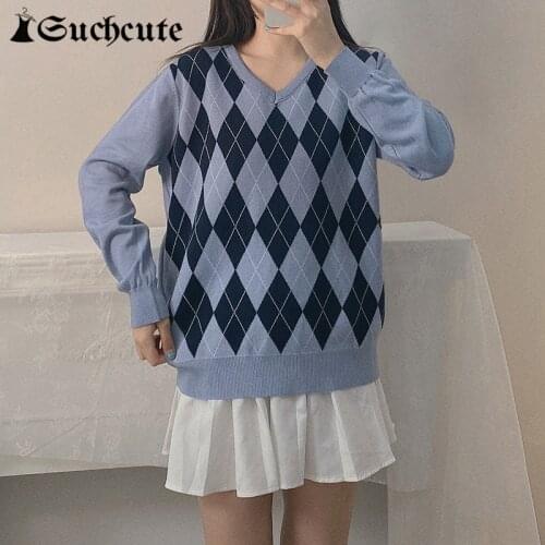 SUCHCUTE Autumn Streetwear V Neck Knit Sweater Casual Vintage Argyle Plaid Jumper For Women Y2K Oversize Long Sleeve Pullover