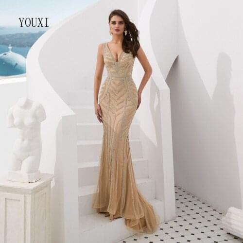 Gorgeous V-Neck Long Evening Dresses 2019 New Beaded Luxury Lebanon Mermaid Formal Prom Gowns Vestidos de Fiesta