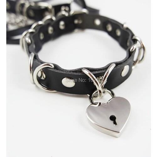 Punk Goth Harajuku Handmade Stud Rivets Kitten Play Lock Key Choker D Roudn Lockable Leather Collar Necklace