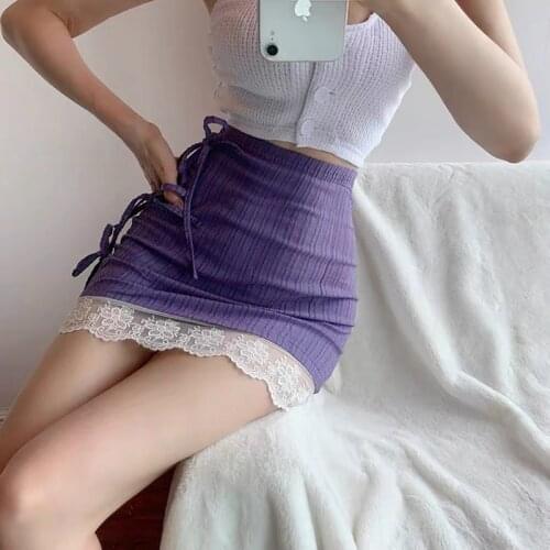 Y2k Feminine Lace Stitching Bag Hip Mini Skirt Purple E Girl Casual Skirt Faldas Harajuku Summer Retro High Waist Strappy Skirt
