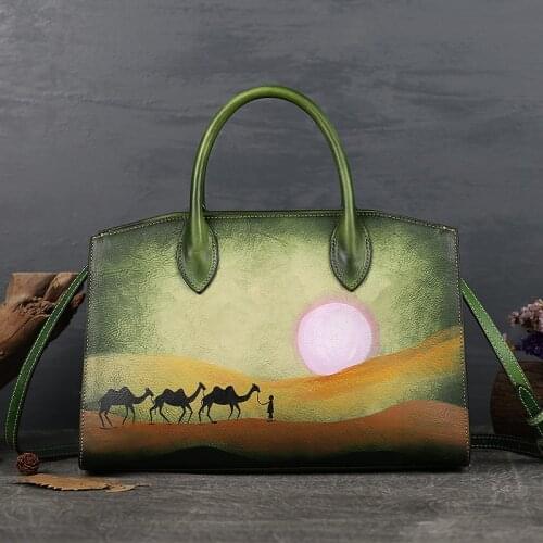 Hand Painted Landscape Women Tote Bag 2021 Winter Female Genuine Leather Retro Handbag Lady Cowhide Large Capacity Shoulder Bags