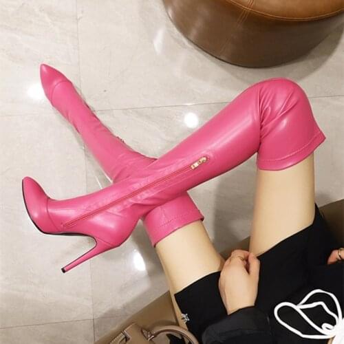 Great Quality PU Boots Muti Color Available Skintight Ladys Thigh High Boots Pointed Toe Thin High Heel Custom Big Size 49