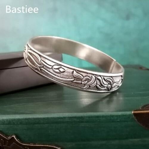 Bastiee Lotus Flower 999 Silver Bangles For Women Cuff Bracelet Vintage Miao Handmade Fine Jewellery Ethnic bijoux Adjustable