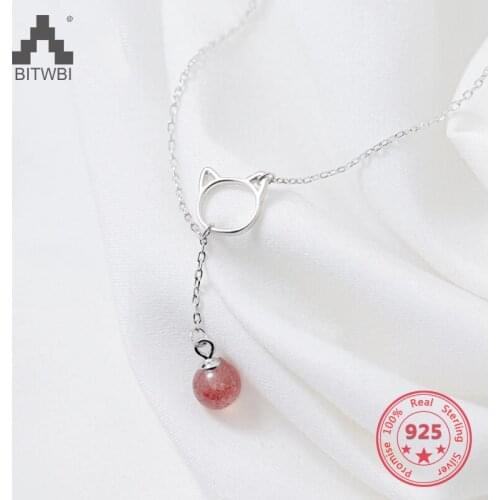 Korea New Style 925 Sterling Silver Simple Fashion Chic Cute Pink Strawberry Quartz Cat Pendant Necklace Jewelry for Women