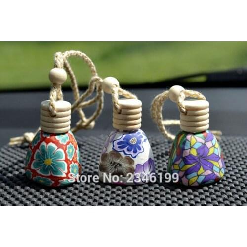 10ML 30pcs/lot Wood Cap Print Perfume Bottle, Glass and Polymer Clay Empty Small Perfume Container, Car Pendant Decoration