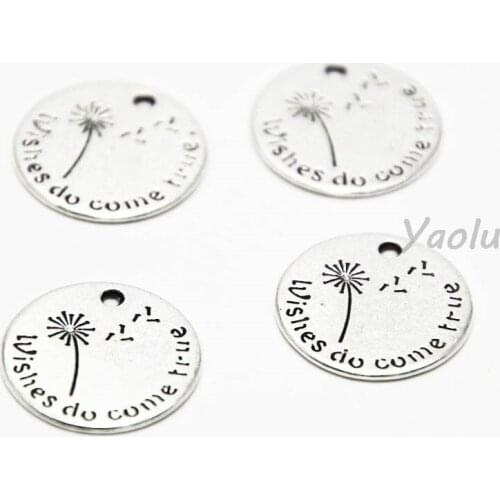 15pcs/lot Wishes Do Come True Charms Antiqued silver Tone Dandelion Double-Sided charm pendants 20mm