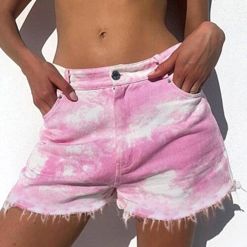 2021 Tie-dyed Beach Denim Shorts Womens Bermuda Frayed Elastic Loose Denim Women Summer Shorts