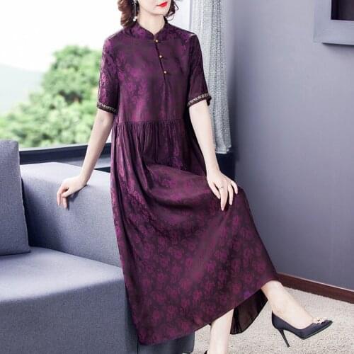 2021 Purple Print Silk Vintage Midi Sundress Spring Summer Loose 4XL Plus Size Casual Dress Women Elegant Bodycon Party Vestidos