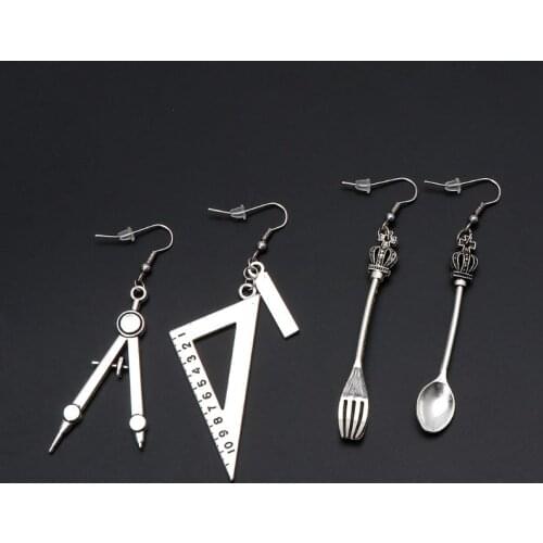 Harajuku Spoon Fork Triangle Ruler Asymmetric Earrings Antique Sliver Jewelry E56A