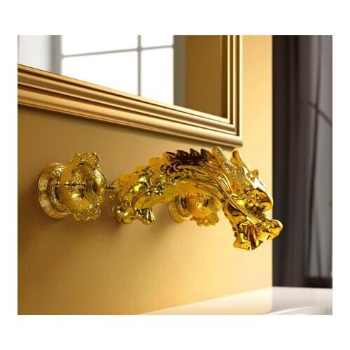 Free shipping Gold Pvd Widespread Bathroom Sink dragon Faucet wall mounted dragon lavatory sink mixer tap