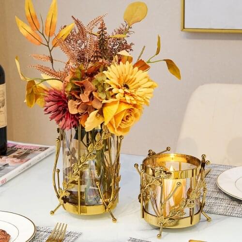 Home Decor Metal Glass Vase Living Room Decor Golden Terrarium Vases Tabletop Decor Living flower pots decorative Room Decor