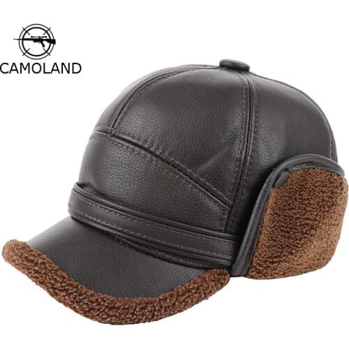 CAMOLAND Winter Men PU Leather Bomber Hats Thicker Faux Fur Russia Hat Warm Baseball Cap With Ear Protection Classic Dad Hats