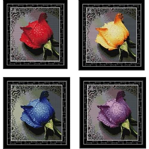Joy Sunday DMC Red Yellow Blue Purple Rose Cross Stitch Pattern Printed Counted Cotton Canvas DIY Embroidery Kit for Home Decor