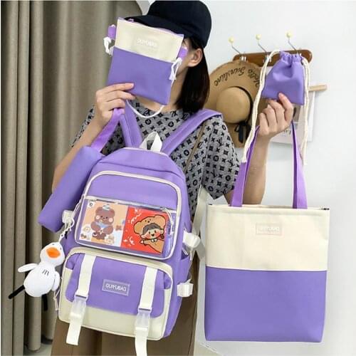 5 Pcs Sets SchoolBags For Teenager Girls 2021 New Kawaii Women Bagpack Shoulder Bags Female Travel Backpack Mochila