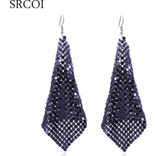 SRCOI Shine Sequins Tassel Earrings Drop Exaggerated Colorful Geometric Metal Sequins Square Mesh Dangling Pendant Earrings
