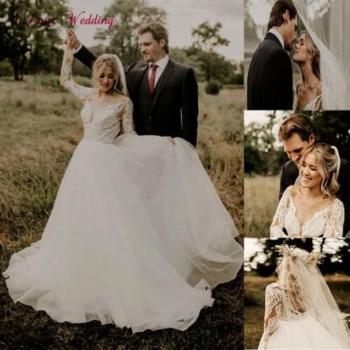 Country Style Wedding Dresses Long Sleeves V Neck High Slit Sexy Bridal Gowns Illusion Back Bride Dress for Women 2021