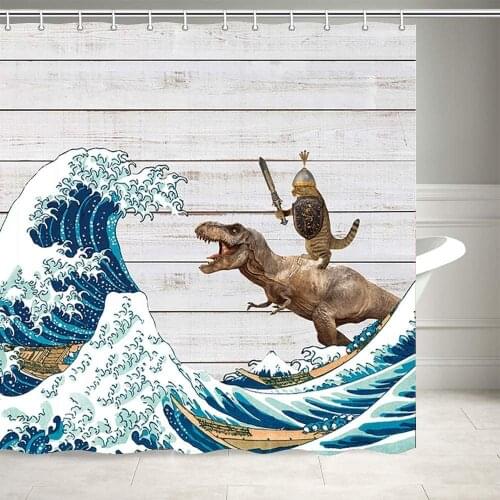 Fabric Shower curtain funny animals dinosaur and cat rustic wooden board, shower curtain for bathroom12 hooks, 180 x 180 cm