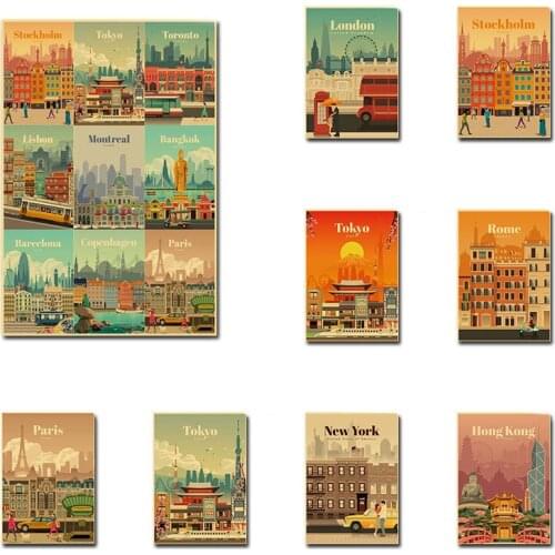 World Travel Vintage Kraft Paper Poster London Tokyo Rome Paris Cityscape Sticker for Home Bar Cafe Decor Painting Art Wall DIY