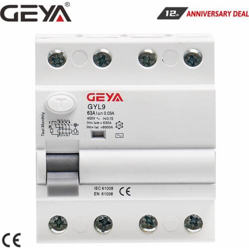 GEYA GYL9 AC Residual Current Circuit Breaker Differential Breaker Safety Switch 4P 25A 40A 63A 80A 100A