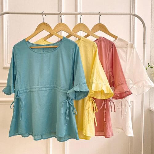 Cotton 100% Women Blouse Summer New 2021 O-Neck Flare Sleeved Solid Drawstring Loose Elegant Female Pulls Tops