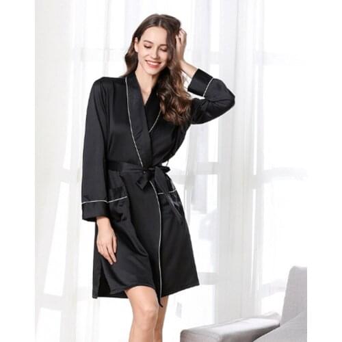 Discount imitation silk pajamas womens solid color sexy long split nightgown bathrobe home service