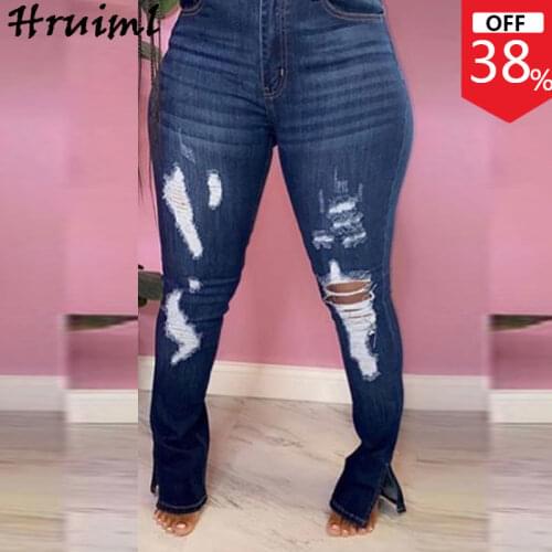 Plus Size Pants Women 2020 Fall Fashion Hole Denim Joggers Streetwear Women Slit Long Trousers Fashion Mid Waist Skinny Pants