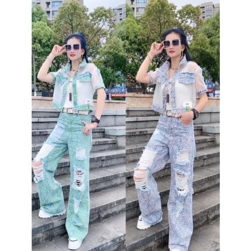 2021 Personality Splicing Hollow Out Short Sleeve Jacket For Women Casual Two Piece Sets Fashion Holed Jeans Wide Leg Crop Top