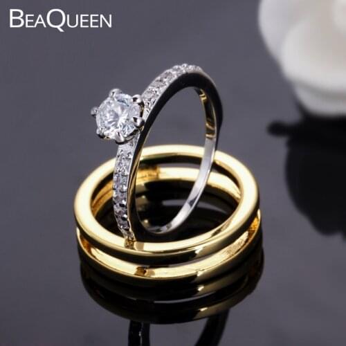 BeaQueen Luxury White and Yellow Gold Color Women Round Circle Engagement Wedding Rings Sets with Cubic Zirconia Stones R067