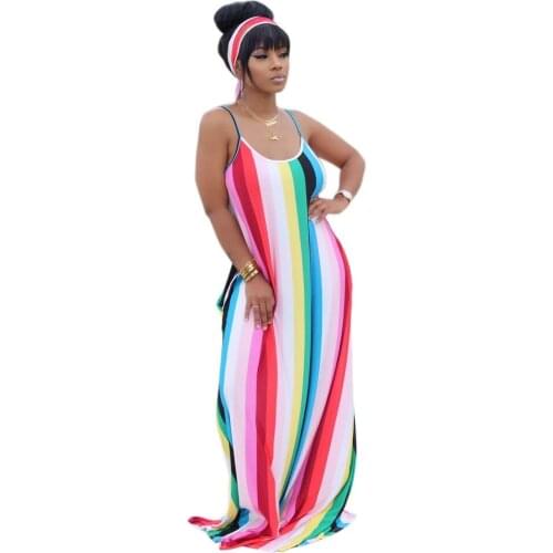 S-XXL Womens Stripe Summer Maxi Dress Spaghetti Strap Bohemian Long Casual Dresses Beach Sundress Cover Up