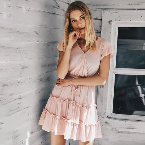 Women Dress Summer Fashion Sexy Short Sleeve V-neck Pink Casual A-line Elegant Ruffle Mini Dresses Lady Vestidos Bandage Dresses