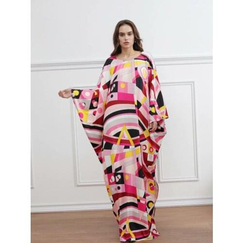 Geometric pattern printing elegant casual holiday party dress robe long skirt V-neck chiffon silk 2021 new women beach skirt
