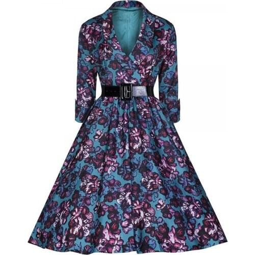 Brand Pus Size Women Dress Floral Print Hepburn Style Deep-V Neckline Swing Dres Retro Vintage 50s 60s Rockabilly Belted Vestido