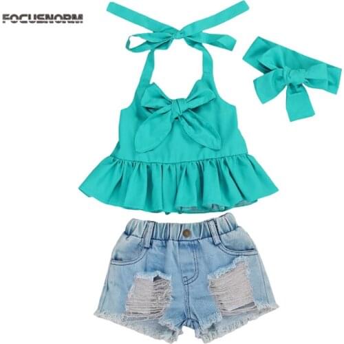 1-6Y Summer Lovely Kids Girls Clothes Sets Bowknot Sleeveless Ruffles Vest Tops Denim Shorts Headband