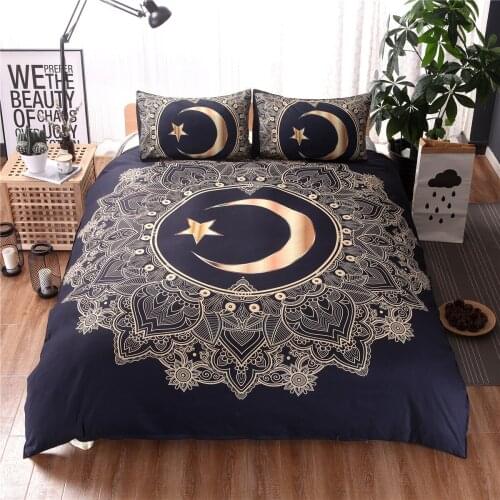 Golden Mandala Flowers Star Moon Duvet Cover Black Dark Blue Bedding Set Soft Quilt Cover Single/Double Bed Cover Home Decor 3Pc